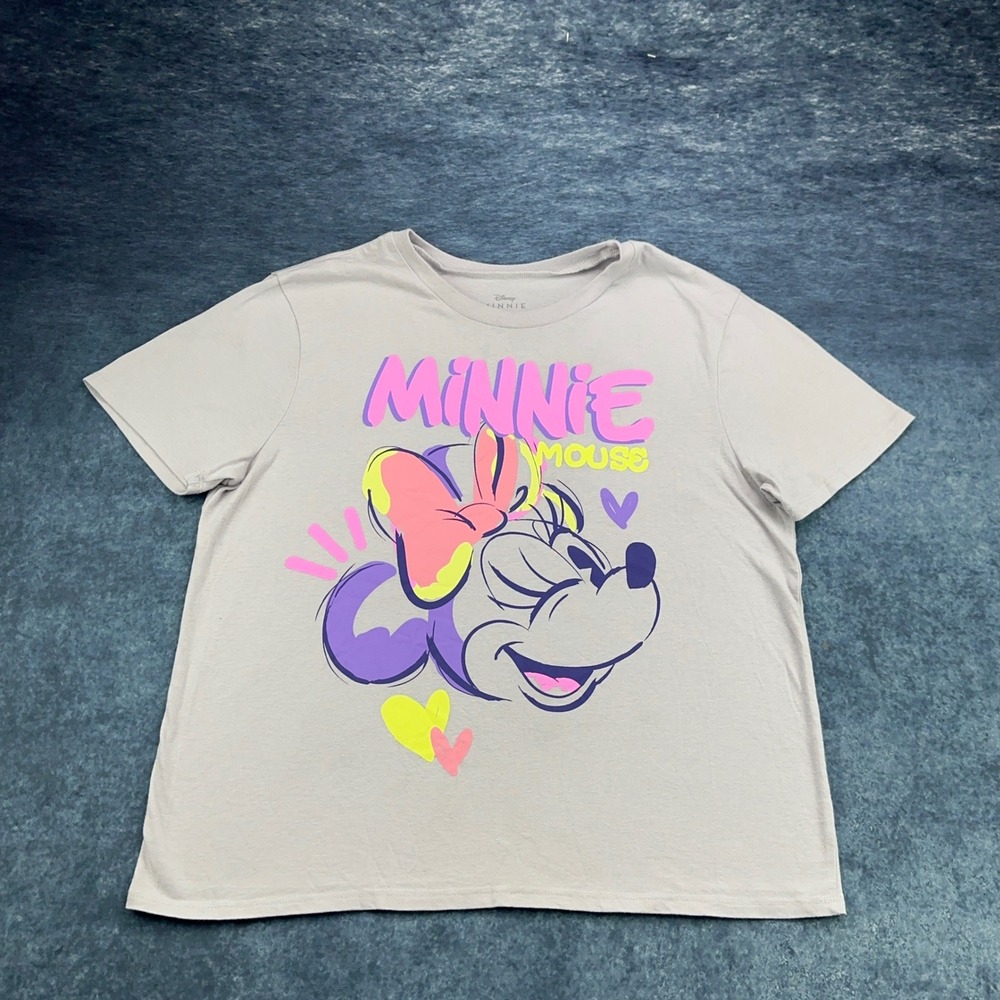 Disney Minnie Mouse Graphic T-Shirt‎ Grey Neon Pink Purple XL RN117508